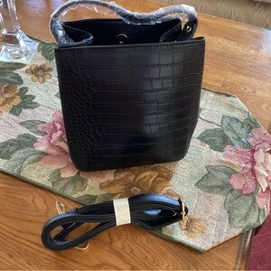 Revolve AOTA NWT Elena Crossbody Bucket Bag in Black Croc Vegan Leather Purse